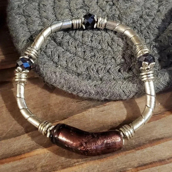 Handcrafted Edgy Silver Purple Lavender Foil Glass Metal and Crystal Stretch Bra - Picture 2 of 6